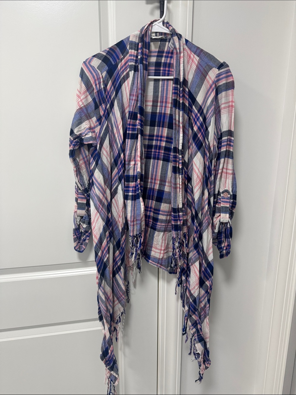 Plaid Open-Front Fringe Kimono Jacket - Blue & Pink